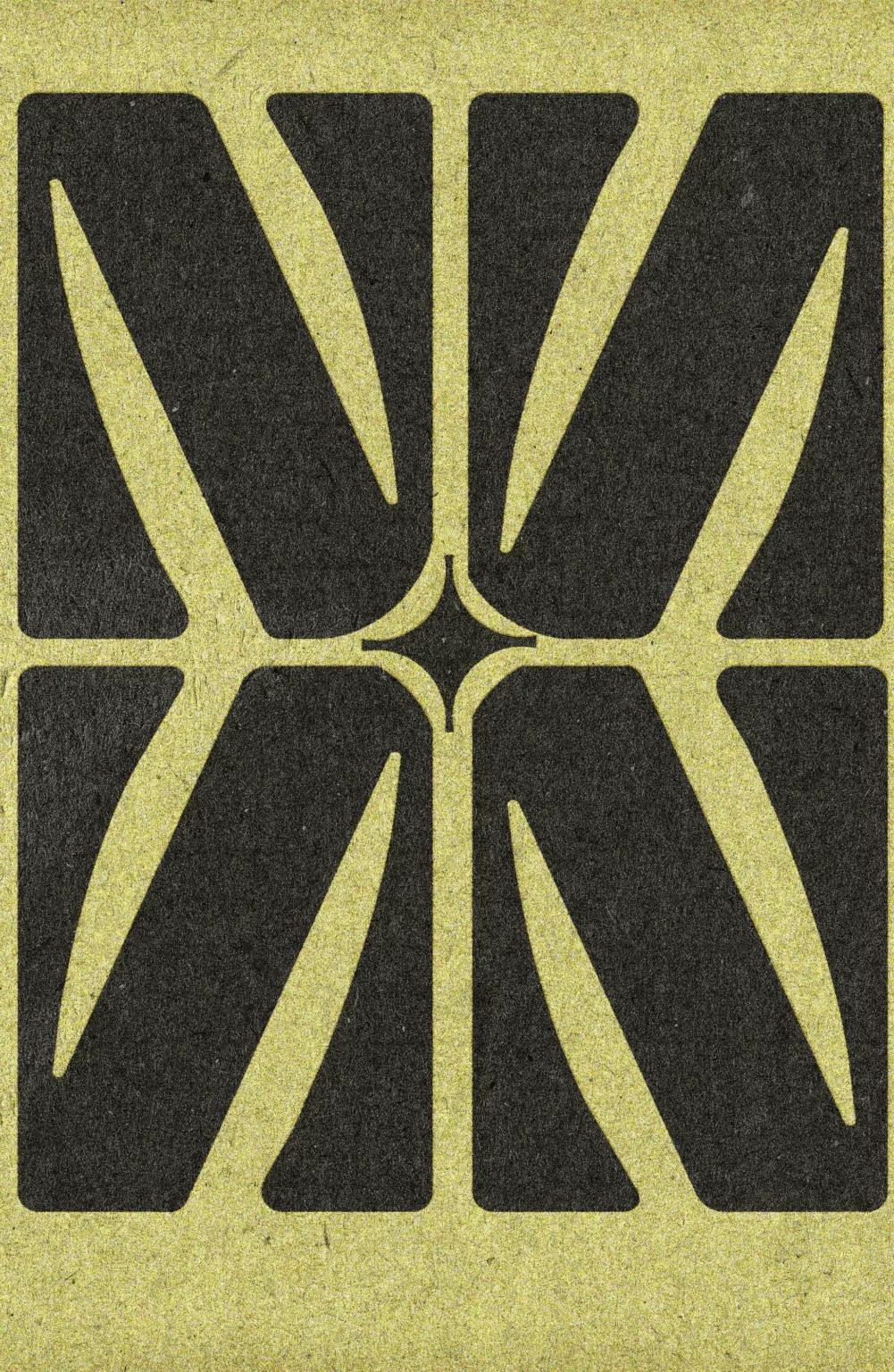 Motif géométrique abstrait noir sur fond jaune texturé, composé de formes incurvées et d'un losange central.