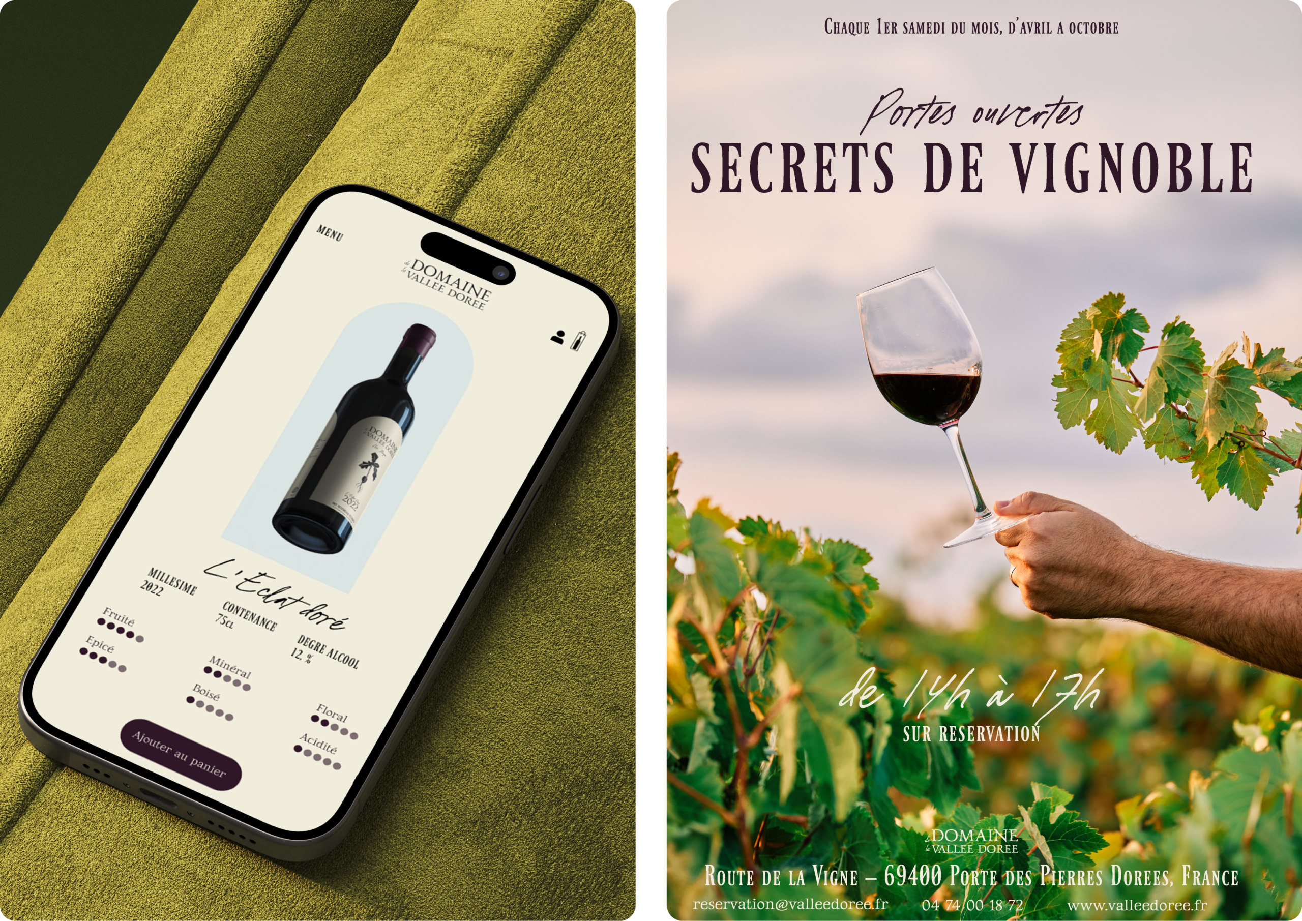 Affiche promotionnelle pour les "Secrets de Vignoble" du Domaine Vallée Dorée, incluant une main tenant un verre de vin rouge dans un vignoble.