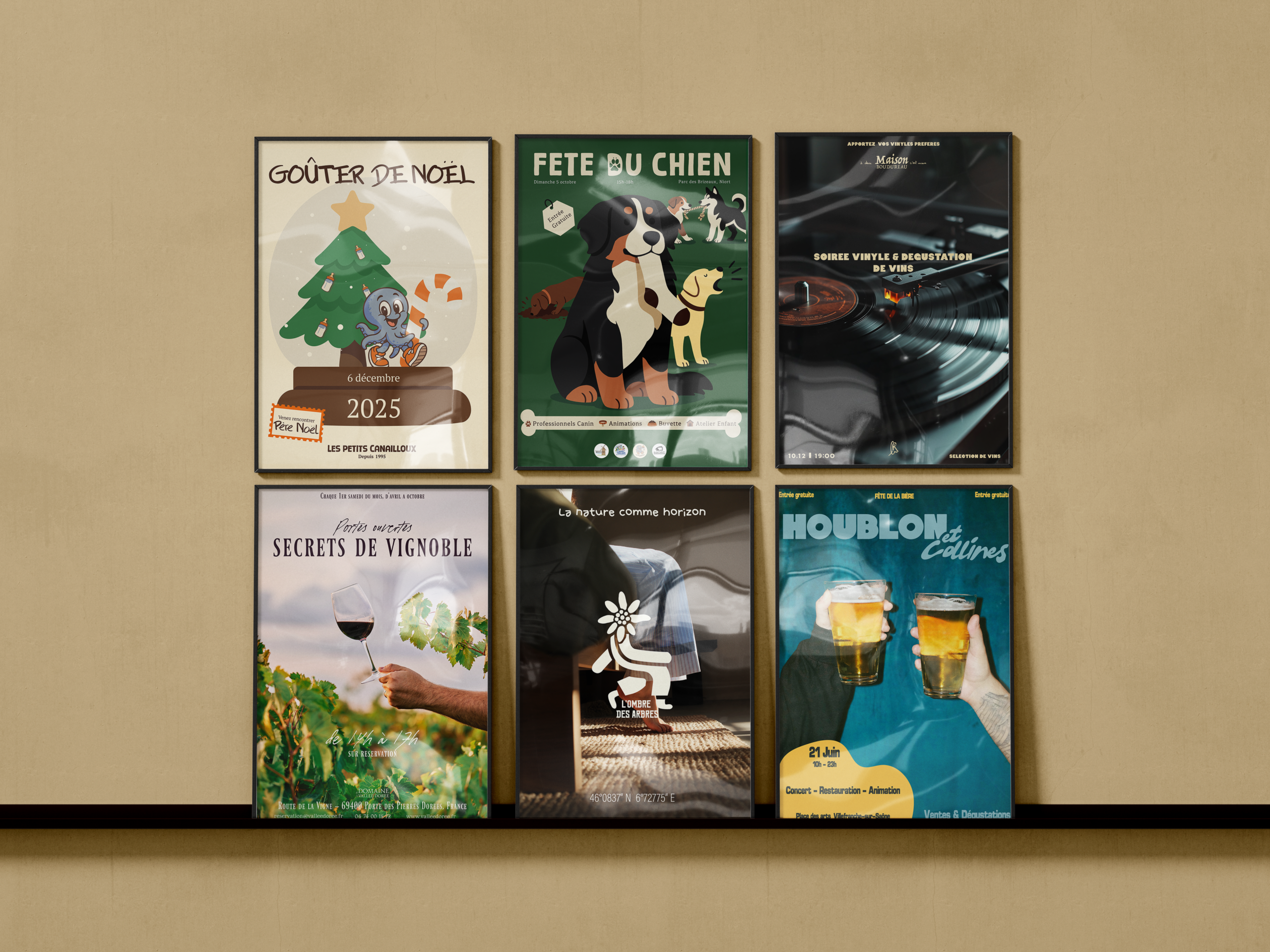 Plusieurs affiches d'événements divers : goûter de Noël avec un poulpe, fête du chien avec des chiots, dégustation de vin, secrets de vignoble, et bières.