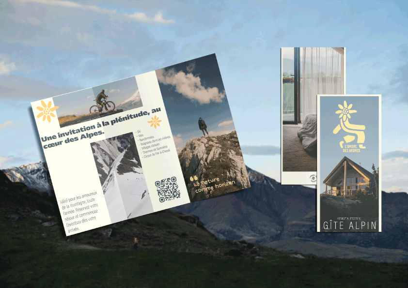 Invitation pour un séjour au cœur des Alpes, avec des images de cyclisme, randonnée et un gîte alpin.